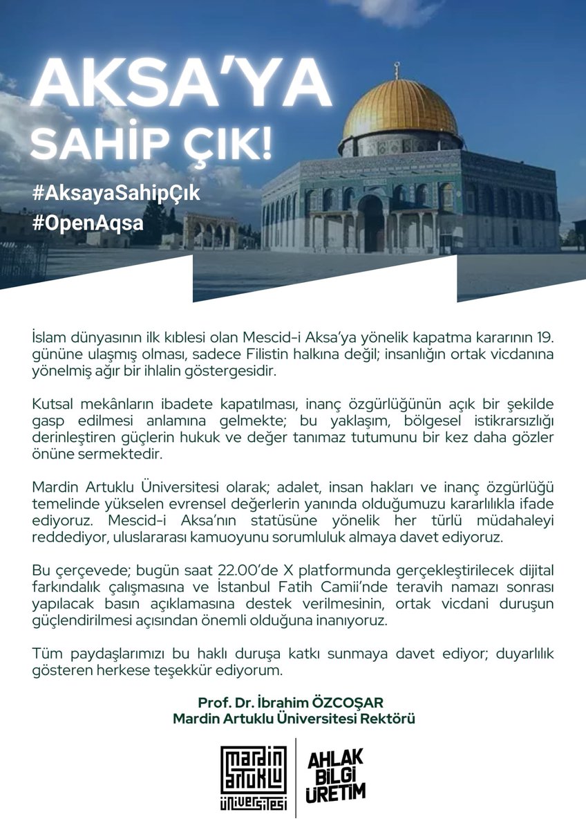İslam dünyasının ilk kıblesi olan Mescid-i Aksa’ya yönelik kapatma kararının 19. gününe ulaşmış olması, sadece Filistin halkına değil; insanlığın ortak vicdanına yönelmiş ağır bir ihlalin göstergesidir.

Kutsal mekânların ibadete kapatılması, inanç özgürlüğünün açık bir şekilde