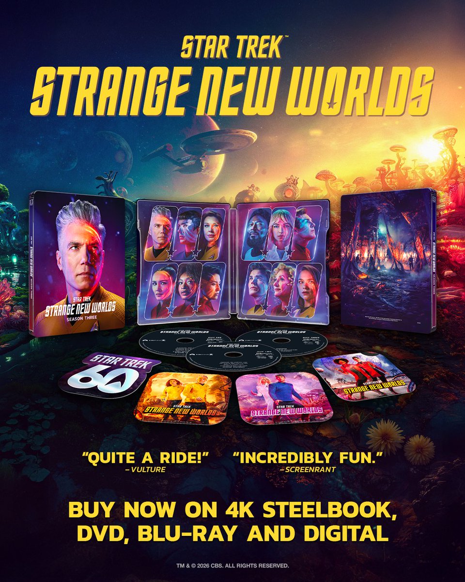 BeyondTrekPod's tweet photo. One show. Infinite Adventures. Join the crew of the U.S.S. Enterprise as they discover new civilizations, test their resolve and dive into thrilling adventures. Star Trek: Strange New Worlds Season 3 is now available to buy on 4K Steelbook, DVD, Blu-ray and digital. https://t.co/idMZCfvOIN