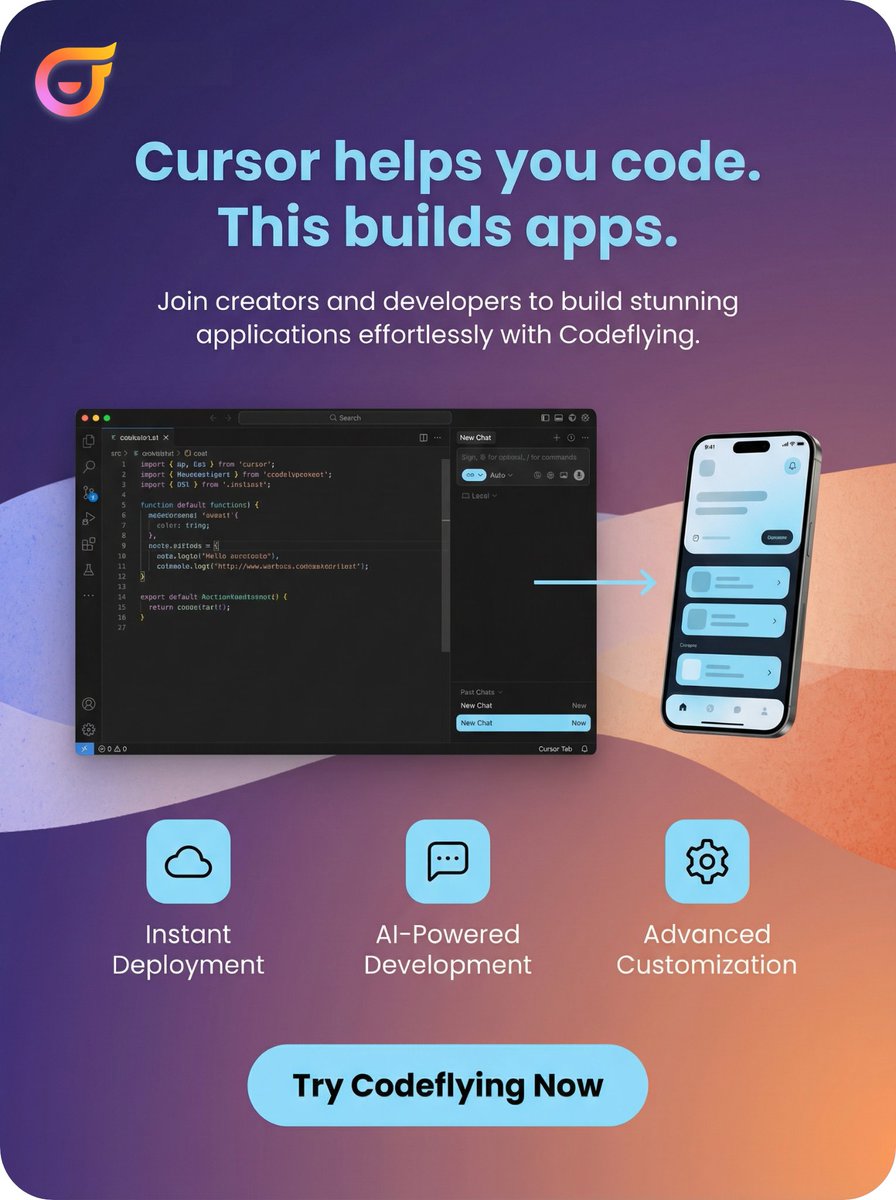 CodeFlyingAI's tweet photo. Cursor helps you code.
But what if you just want the app?
Describe it → get a working product.
No coding needed.

Try it🔗: https://t.co/yZyHDbp9up https://t.co/dIUZxBgQnA