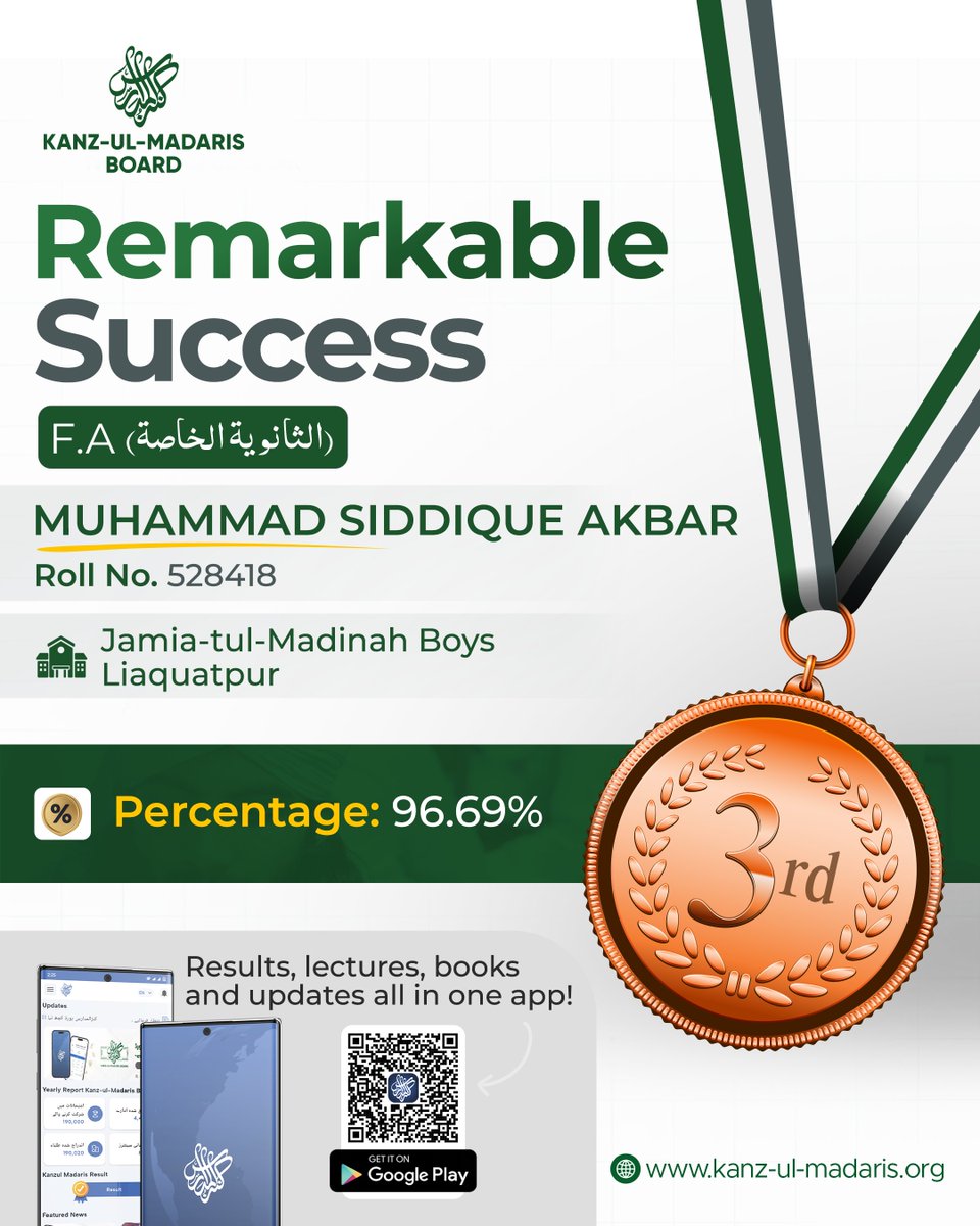 kanzulmadarisdi's tweet photo. Announcing the Top Achievers of الثانویۃ الخاصۃ (F.A)
#KanzulMadaris #AnnualExam2026 #FAResults #TopAchievers #AcademicExcellence #StudentSuccess https://t.co/aEljLGQpYa