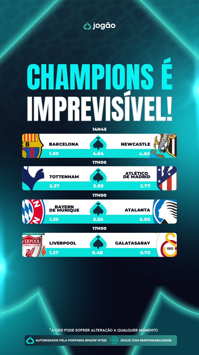 jogaobet's tweet photo. 🌍 TUDO PODE ACONTECER!

Resultados pesados no jogo de ida? Sim. 
Classificados definidos? Nem sempre.
Ontem já vimos que viradas históricas fazem parte da Champions e hoje pode não ser diferente.

VEM COM A JOGÃO 🩵
https://t.co/7AHFzFdl2m

🔞 | Jogue com responsabilidade. https://t.co/9pBTLAYfvZ