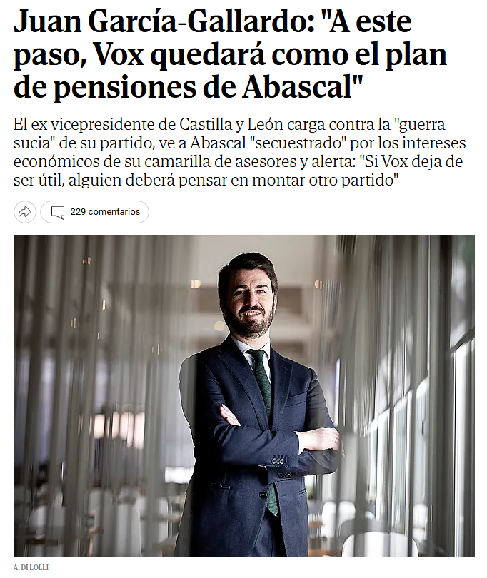 JulianMaciasT's tweet photo. Rajada guapa de Juan García-Gallardo sobre Abascal en El Mundo donde señala que perdió la confianza en él cuando conoció un tercer sueldo a través de su esposa, 60.000 euros al año de la "galaxia de sociedades" de Ariza y Méndez Monasterio que sustraen el dinero de VOX. https://t.co/Rpest2eKzE