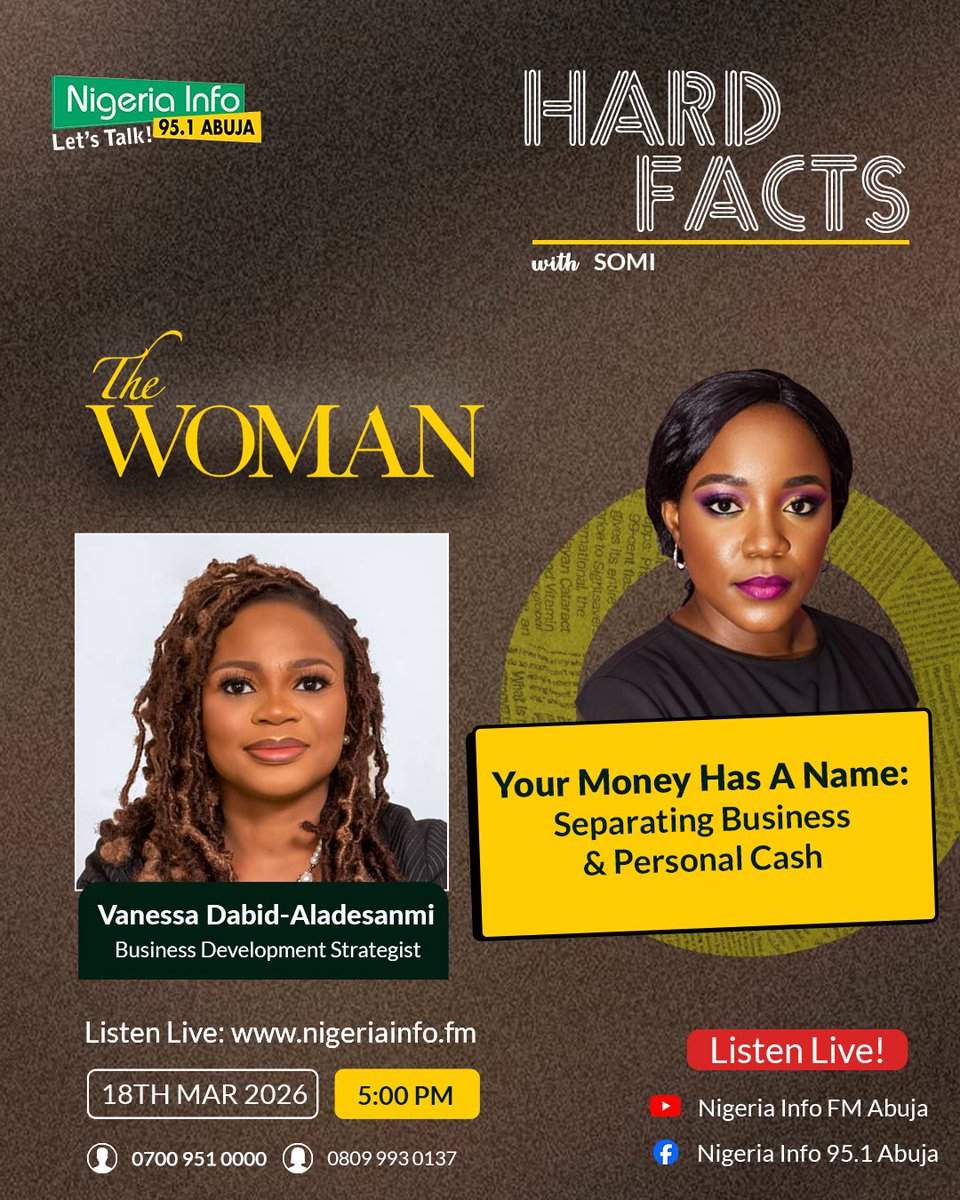 NigeriaInfoAbj's tweet image. On The Woman, today, Your Money Has A Name.

Vanessa David-Aladesanmi, a Business Development Strategist, is our guest on the show with @iamsomiofficial

Join the conversation live 📲 nigeriainfo.fm/abuja

📻 99.5fm 📍

#LetsTalk #TheWoman #MoneyTalk