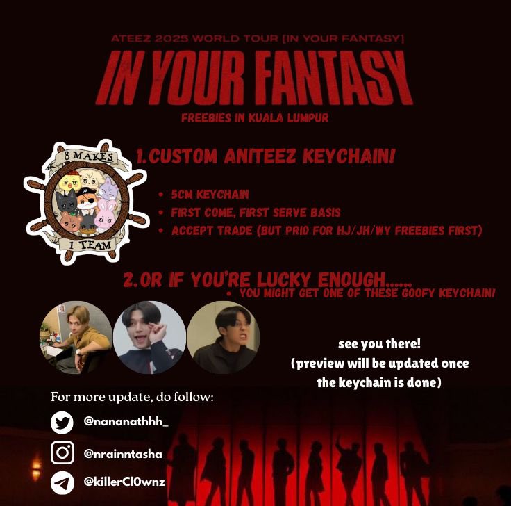 nananathhh_'s tweet photo. HI ATINY!!! ❤️🖤💋

i’ll be giving out some keychain freebies for In Your Fantasy in KL this sunday! 

let’s see your luck, dapat keychain aniteez ke dapat keychain kacip?! 😋😋🫵🏼

SEE YOU GUYS THERE!!!! 🎸✨

#InYourFantasyinKL #ATEEZinKL https://t.co/Es67MKITOL