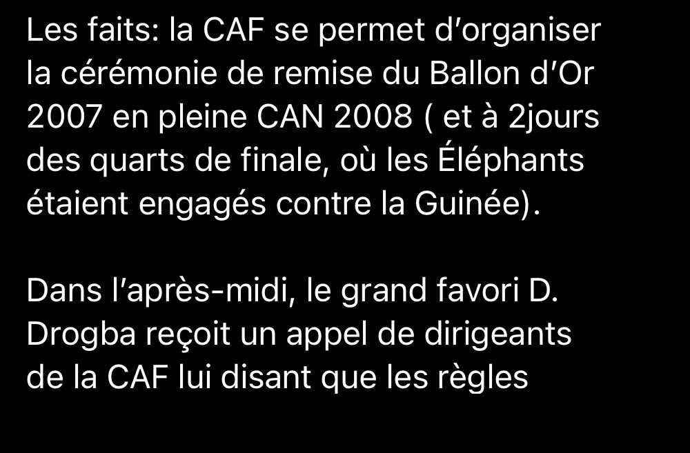 CommeIvoir's tweet photo. On se rappelle quand la CAF sous Issa Hayatou 🇨🇲 a demandé à Didier Drogba de choisi entre le ballon d’or et 1/4 finale de la CAN. 
Les ivoiriens on s’est battu tout seul, pourquoi au tour des autres c’est à nous de nous jouer les bénévoles a boycotter la CAF?! https://t.co/QqJQAuxUUr