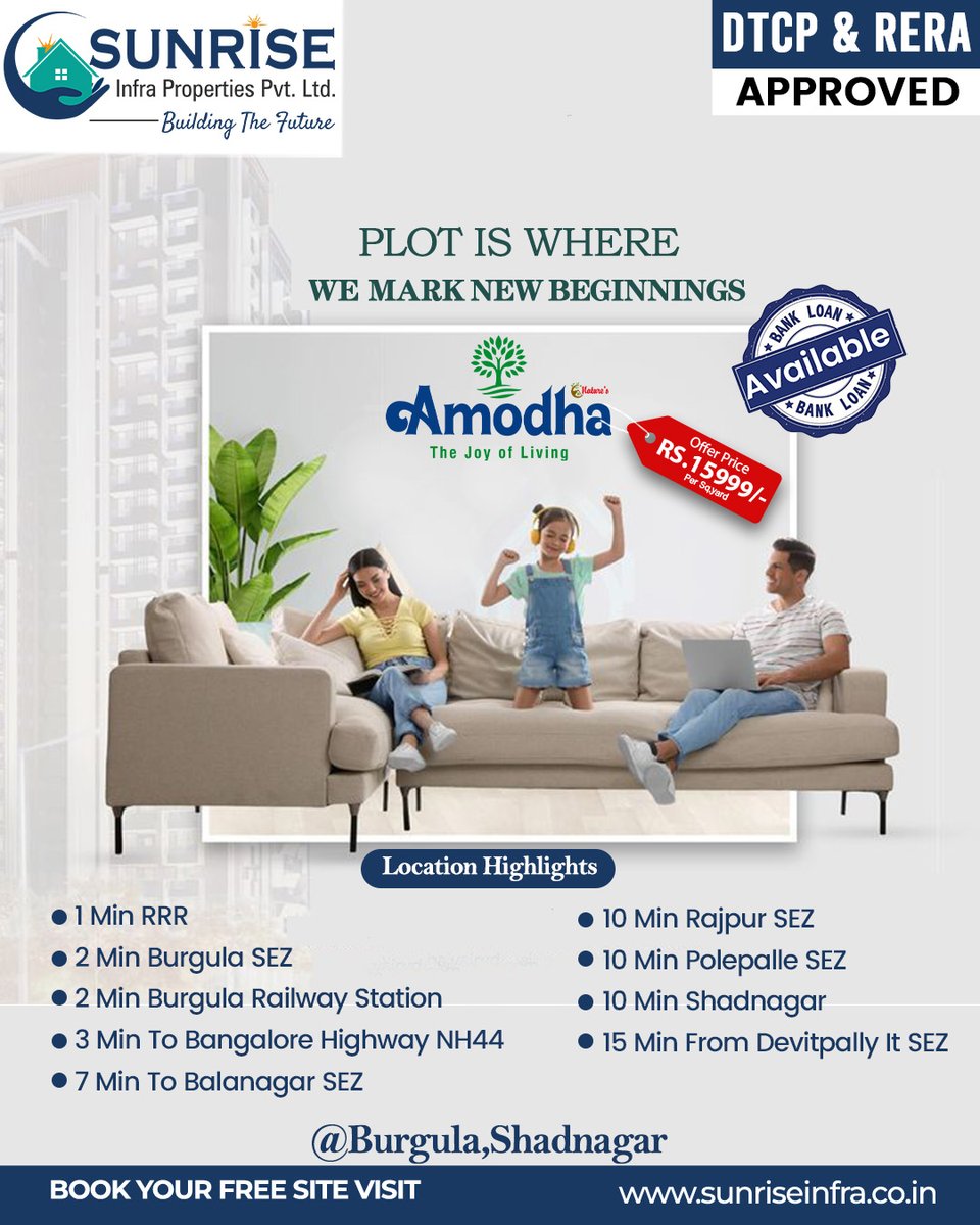 ProjectsInfra's tweet image. Prime Location. Premium Development. Powerful Returns.

Amodha @ Burgula, Shadnagar
Just off Bangalore Highway

DTCP &amp;amp; RERA Approved
80% Bank Loan Facility
Fully Developed Layout

#PropertyInvestment #OpenPlots #ShadnagarRealEstate #HyderabadInvestment #Burgula #SunriseInfra
