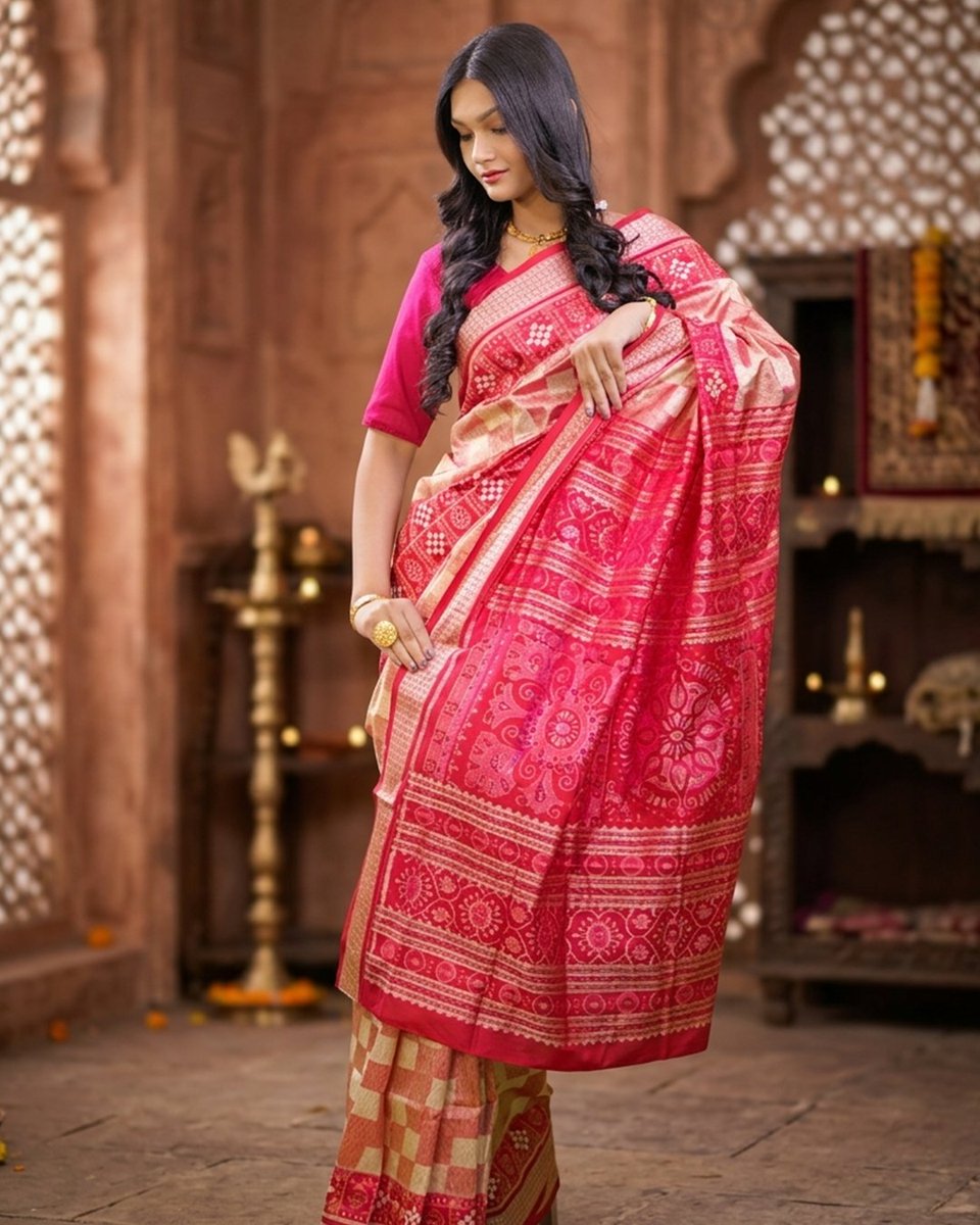 bandhakala's tweet photo. This Double Bandha silk saree in iconic 𝐏𝐚𝐬𝐚𝐩𝐚𝐥𝐥𝐢 𝐝𝐞𝐬𝐢𝐠𝐧♟️ reflects precision, symmetry, and the rich legacy of Sambalpuri craftsmanship.

📞 For any queries : 𝟏𝟖𝟎𝟎 𝟖𝟖𝟗 𝟖𝟎𝟏𝟖

#DoubleBandha #Pasapalli #SambalpuriSilk #HandloomLuxury #ArundhatiBandhakala https://t.co/oK3H8u2KCk