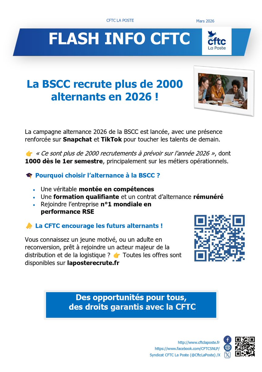 CftcLaPoste's tweet photo. Bonjour à toutes et tous
🚀 BSCC : une opportunité pour 2000 alternants en 2026

👉 Vous connaissez quelqu’un en recherche d’alternance ou en reconversion ?
N’hésitez pas à partager cette information autour de vous : cela peut intéresser un proche ! https://t.co/v2vpqph6FZ