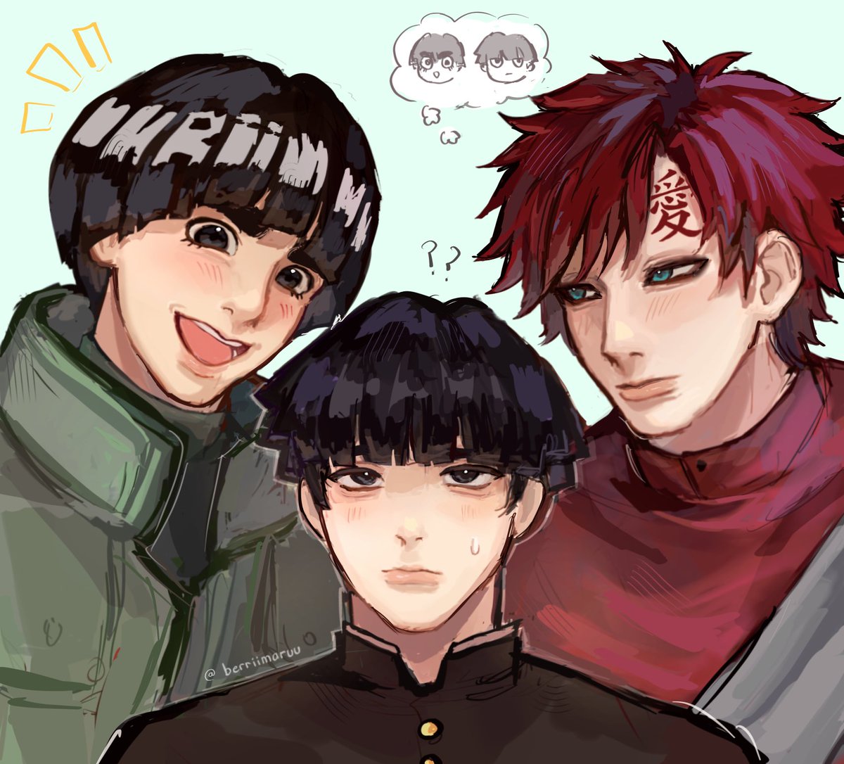 berriimaruu's tweet photo. a trio i made up (thats their son)
#rocklee #gaara #gaalee x #mp100 https://t.co/Qh0aHh5LTv