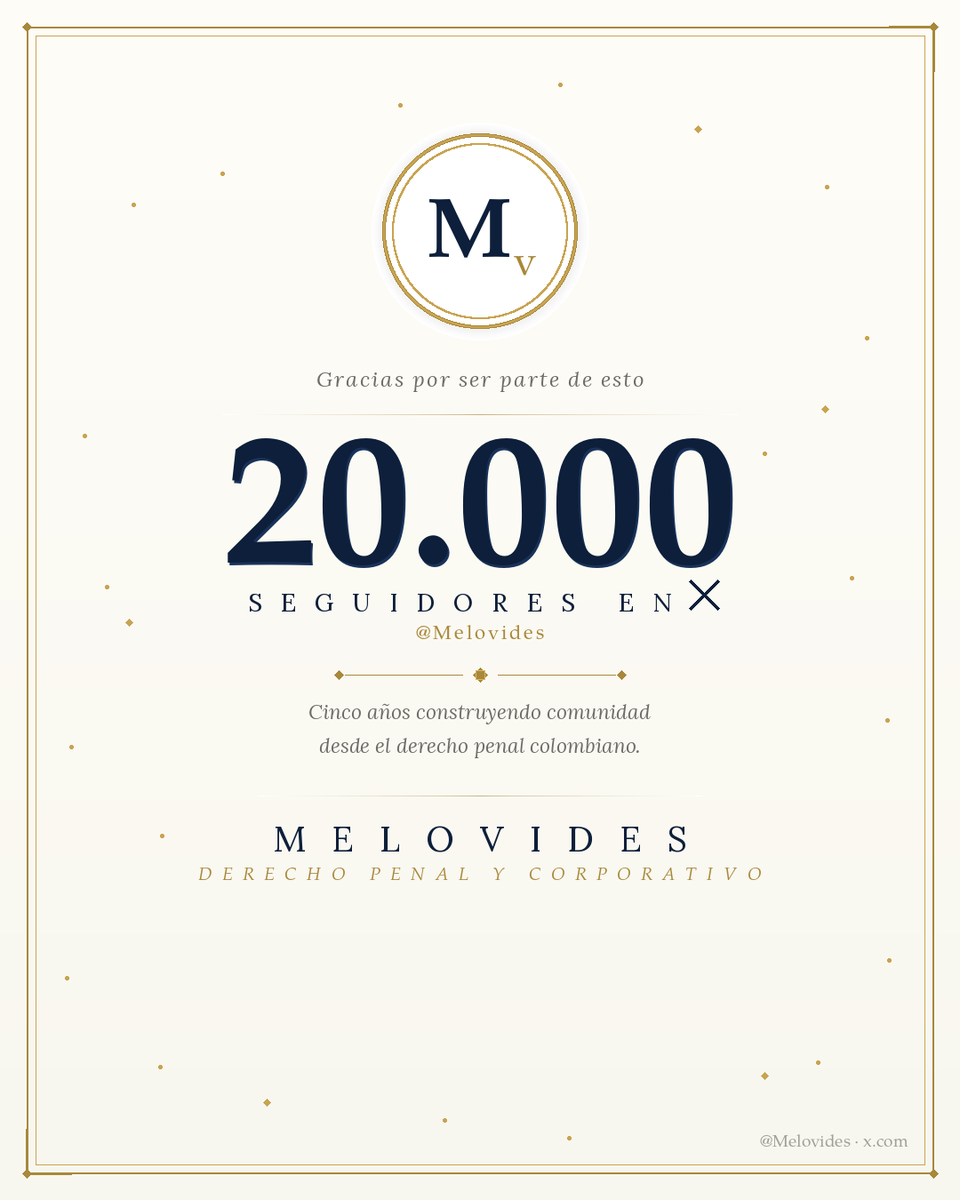 Melovides's tweet photo. Cinco años en X. 20.000 personas.  

Empecé esto convencido de que el derecho penal no tenía por qué ser algo exclusivo de abogados y que el acceso a una providencia no se le debería negar a nadie.

Cinco años después, sigo creyendo lo mismo. Y ustedes, de alguna manera, también.  

Gracias por leer, por cuestionar, por confiar. Les juro que esta iniciativa ha válido la pena.