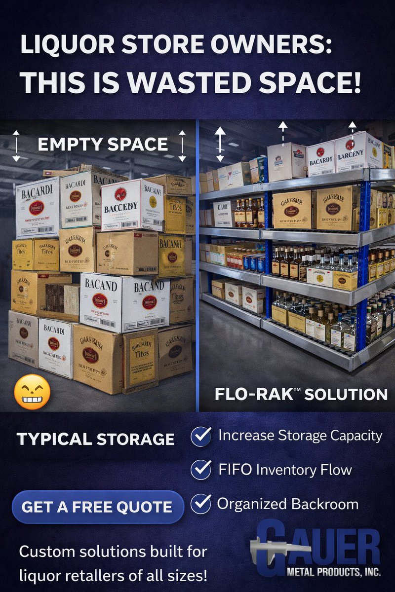 GauerMetal's tweet photo. LIQUOR STORE OWNERS — YOU’RE LOSING SPACE. 🍾📦

Every day your backroom isn’t optimized, you’re losing storage capacity, slowing inventory flow, and leaving money on the table.

FLO-RAK systems are built to:
✔ Increase case storage
✔ Enforce FIFO inventory
✔ Maximize every inch of space
Stop stacking. Start scaling.