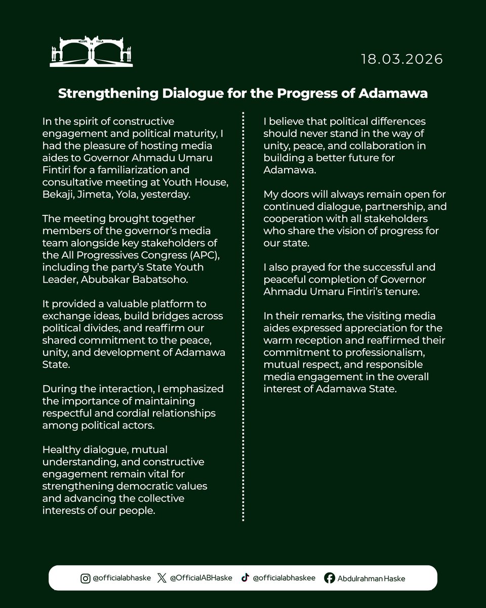 I hosted media aides to Governor Ahmadu Umaru Fintiri at Youth House, Bekaji, Jimeta, Yola, alongside key stakeholders including APC State Youth Leader Abubakar Babatsoho, in a consultative engagement focused on dialogue, mutual respect, and our shared commitment to the peace and
