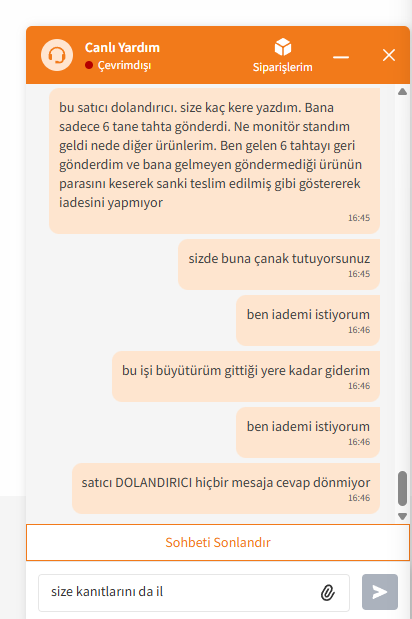 biqpier's tweet photo. @TrendyolDestek derdini anlatmak için size yazan müşterinize sohbeti bitirerek mi destek oluyorsunuz artık? Sitenizde dolandırıcı var. Derdimi anlatıyorum dinlemiyorsunuz nasıl olacak? https://t.co/w6WA5CAtsi