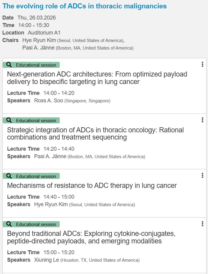 HHorinouchi's tweet image. 🔜 #ELCC26 @myESMO 🇩🇰
🔥The evolving role of ADCs in thoracic malignancies
☑️ #Structure #Combination #Resistance #NovelADCs
🎙️Chair: Dr. Hye Ryun Kim, Dr. Pasi A. Jänne
@OncoAlert @Larvol #LCSM