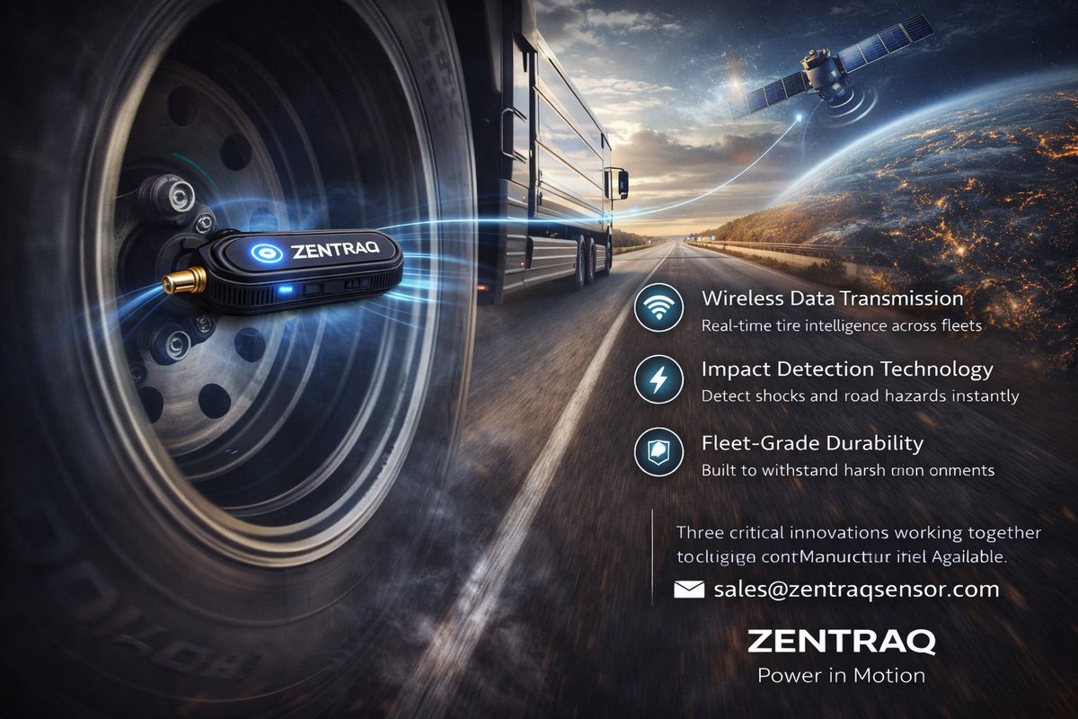 ZentraqSensor's tweet photo. Built to endure the toughest conditions.

Zentraq sensors are engineered to perform under pressure—tested against extreme force, heat, and impact to ensure reliability where fleets need it most.

No assumptions.
No compromises.
Just proven performance.

Core capabilities:

• Wireless Data Transmission – Real-time tire intelligence across fleets
• Impact Detection Technology – Detect shocks and road hazards instantly
• Fleet-Grade Durability – Built to withstand harsh environments

Three critical innovations working together to deliver continuous tire intelligence—without batteries or downtime.

📩 Licensing & manufacturing opportunities available:
sales@zentraqsensor.com

ZENTRAQ
Power in Motion

#Zentraq #PowerInMotion #FleetTechnology #AutomotiveInnovation #SmartSensors #CommercialVehicles #BuiltToLast