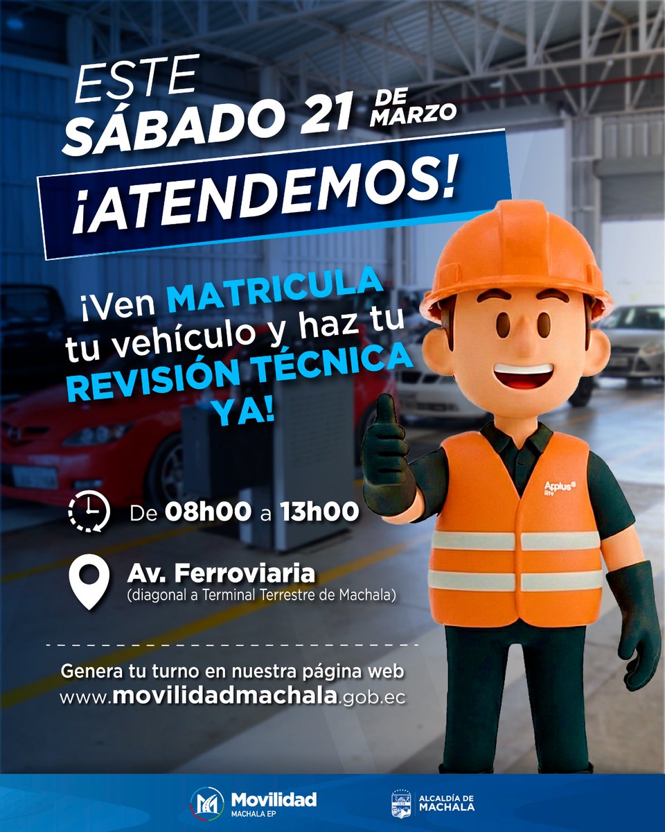 ¡No te quedes sin turno!

Debido a la gran demanda, este sábado 21 de marzo abrimos en horario especial en el Centro de Revisión Técnica Vehicular de 08:00 a 13:00. Agenda tu turno en movilidadmachala.gob.ec y pon tu vehículo al día