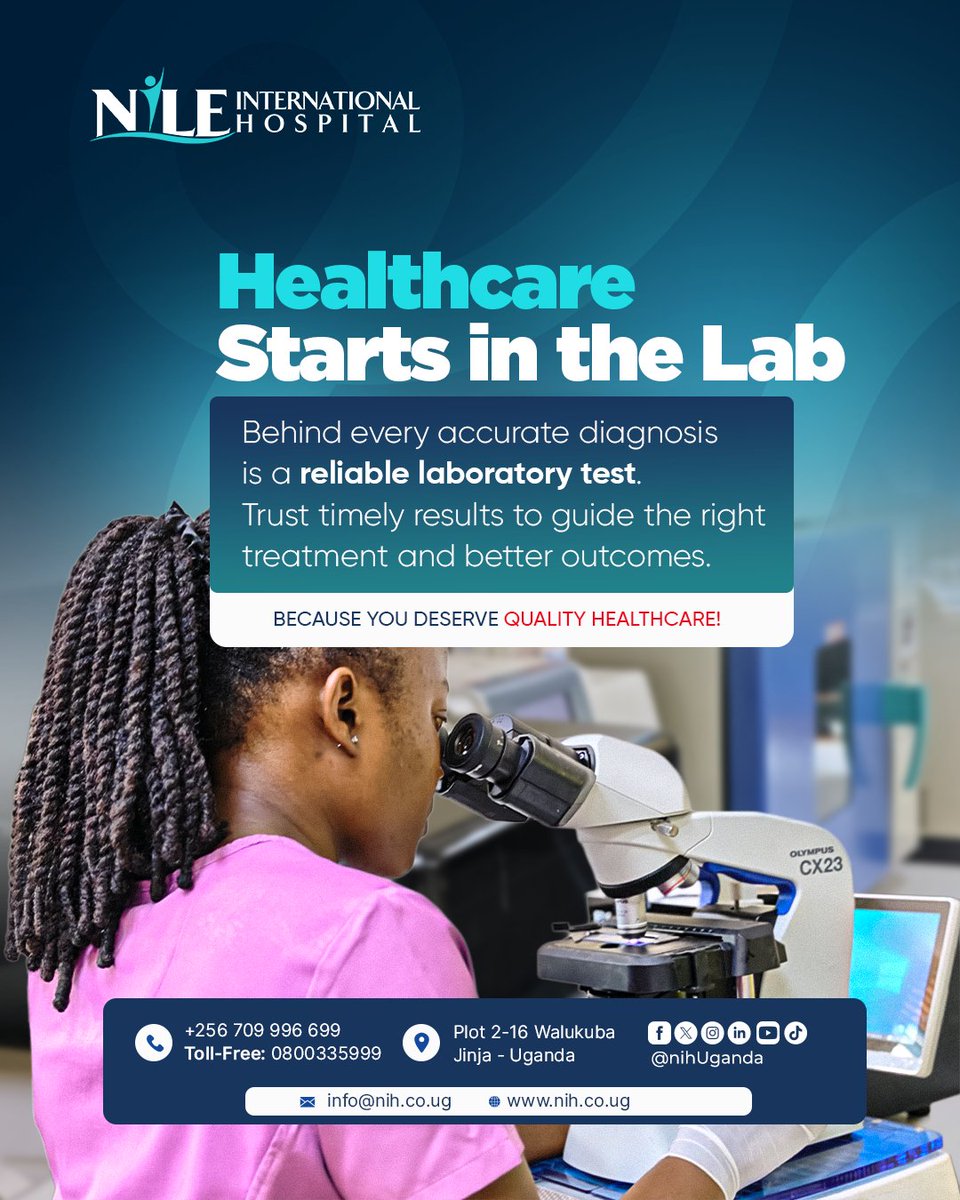 nihUganda's tweet image. Healthcare starts in the lab.

At Nile International Hospital, we ensure to deliver accurate, timely, and reliable lab results to support better diagnosis and treatment.

#LaboratoryServices #PatientCare #Healthcare