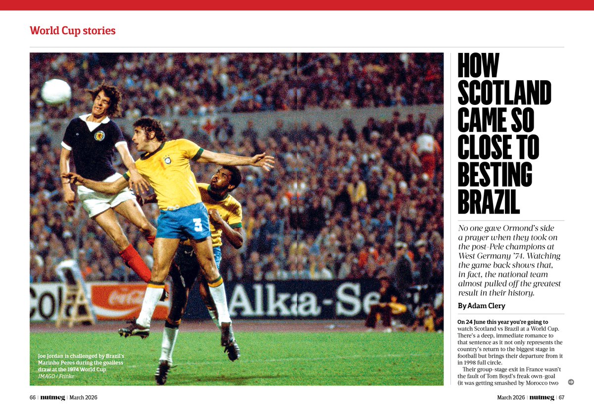 NutmegMagazine's tweet photo. 👀 Peek of the day inside our World Cup issue, which lands very soon indeed:

📖 @AdamClery rewinds the video for Brazil v Scotland at World Cup '74.

🛒 To read the full piece and many other splendid articles, pre-order some print goodliness here: https://t.co/vWDV6jWub1 https://t.co/E5wDT8In9P