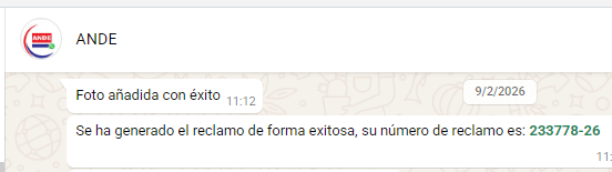 <a href="/ANDEOficial/">ANDE Página Oficial</a>  realicé mi reclamo N°233778-26 en fecha 09/02/2026 para remplazo de foco de alumbrado público (AP) frente a mi domicilio y casi 10 días sin respuesta. Solicito la reposición de la AP