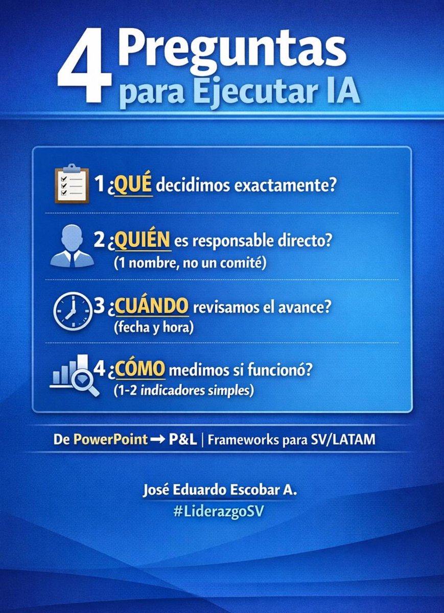 Ed80Jose's tweet photo. Muchos planes estratégicos en LATAM se quedan en PowerPoint.
IA, transformación digital, cultura… todo suena bien en la presentación, pero el lunes siguiente la agenda del gerente sigue igual.
¿Qué falta en el liderazgo para que la ejecución ocurra? 🧵 https://t.co/OZ5JmfYJsQ