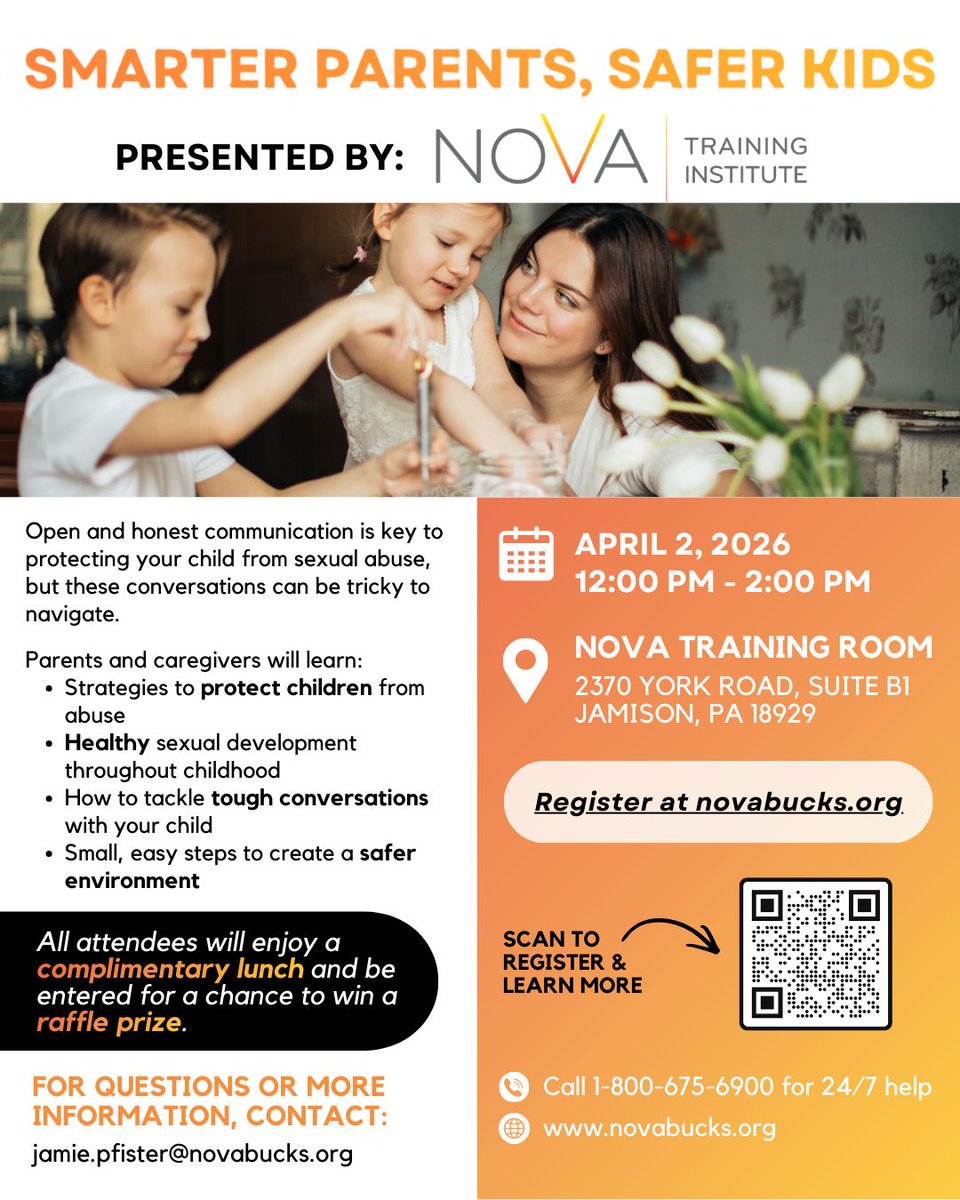 NOVA's Training Institute is excited to offer an upcoming opportunity for members of the community to attend our Smarter Parents, Safer Kids prevention program on Thursday, April 2nd! 

Learn more and RSVP for this free workshop at novabucks.org/events.