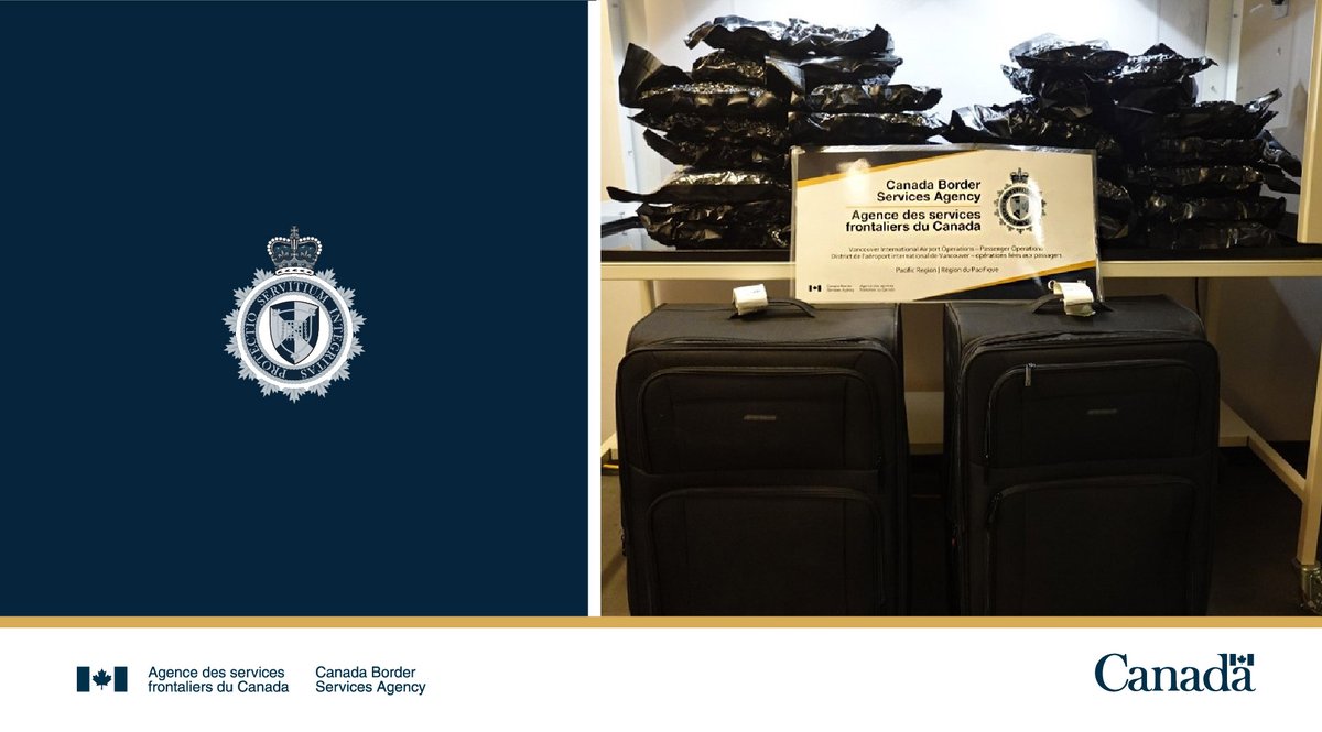 FrontiereCan's tweet image. Les agents de l'#ASFC à #YVR ont saisi plus de 38 kg de cannabis  et plus de 31 kg de haschisch présumés auprès de 2 voyageurs distincts se rendant à Taïwan et à Hong Kong. Les voyageurs ont été arrêtés et transférés à @GRCCB. En savoir plus : cbsa-asfc.gc.ca/travel-voyage/…
