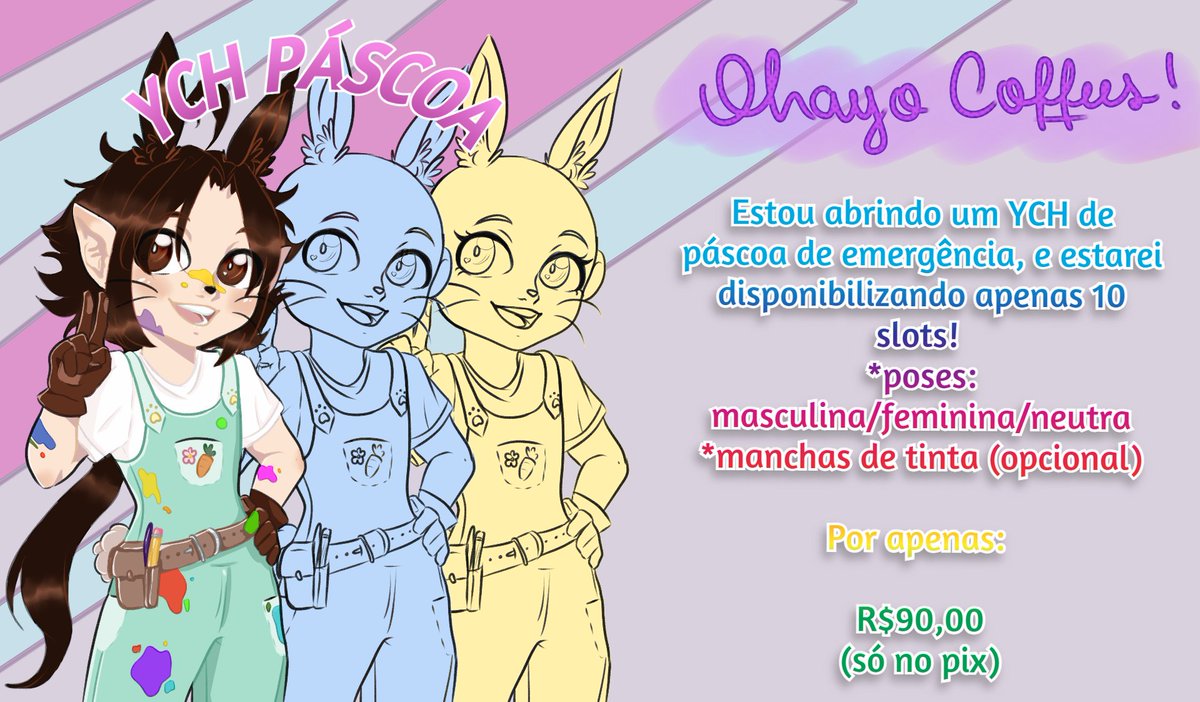NeekohKun's tweet photo. 🚨COMMS DE EMERGENCIA!!🚨

Oi Pessoal!, Estou fazendo um YCH de Páscoa por R$90,00. Se não puderem encomendar peço gentilmente que compartilhem isso ajudaria muito mesmo!!💚
.
.
#ych #art #comms https://t.co/xd6uou43qa