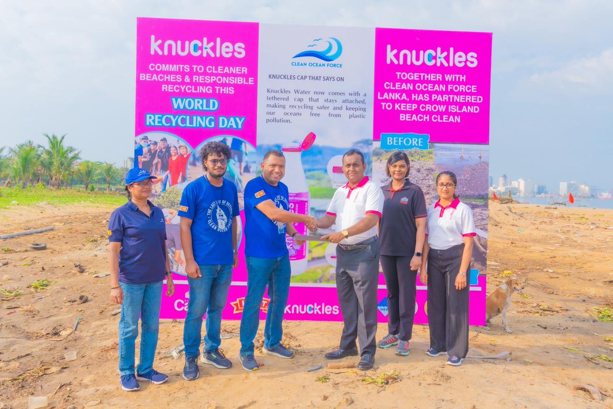 CargillsPLC's tweet photo. In celebration of World Recycling Day, Cargills Food and Beverage Ltd. through its brands KIST and Knuckles, adopted Crow Island Beach and conducted a volunteer-led clean-up in partnership with Clean Ocean Force and the Marine Environment Protection Authority (MEPA).

The initiative focuses on the long-term protection and preservation of the coastal environment. As part of the programme, the beach will be maintained daily with the support of dedicated caretakers, while also supporting their livelihoods by providing meaningful income opportunities.

Volunteers from Cargills, together with teams from the Interact Club of Colombo and Clean Ocean Force Community in Negombo (Sri Vimukthi Women’s Association), worked to remove plastic and other pollutants from the beach.

The event also marked the launch of Sri Lanka’s first tethered bottle cap by Knuckles, designed to stay attached to the bottle after opening, helping reduce plastic waste and improve recycling.

#WorldRecyclingDay #Cargills #Knuckles #KIST #CleanOceanForce #Sustainability #EnvironmentalConservation #CoastalProtection