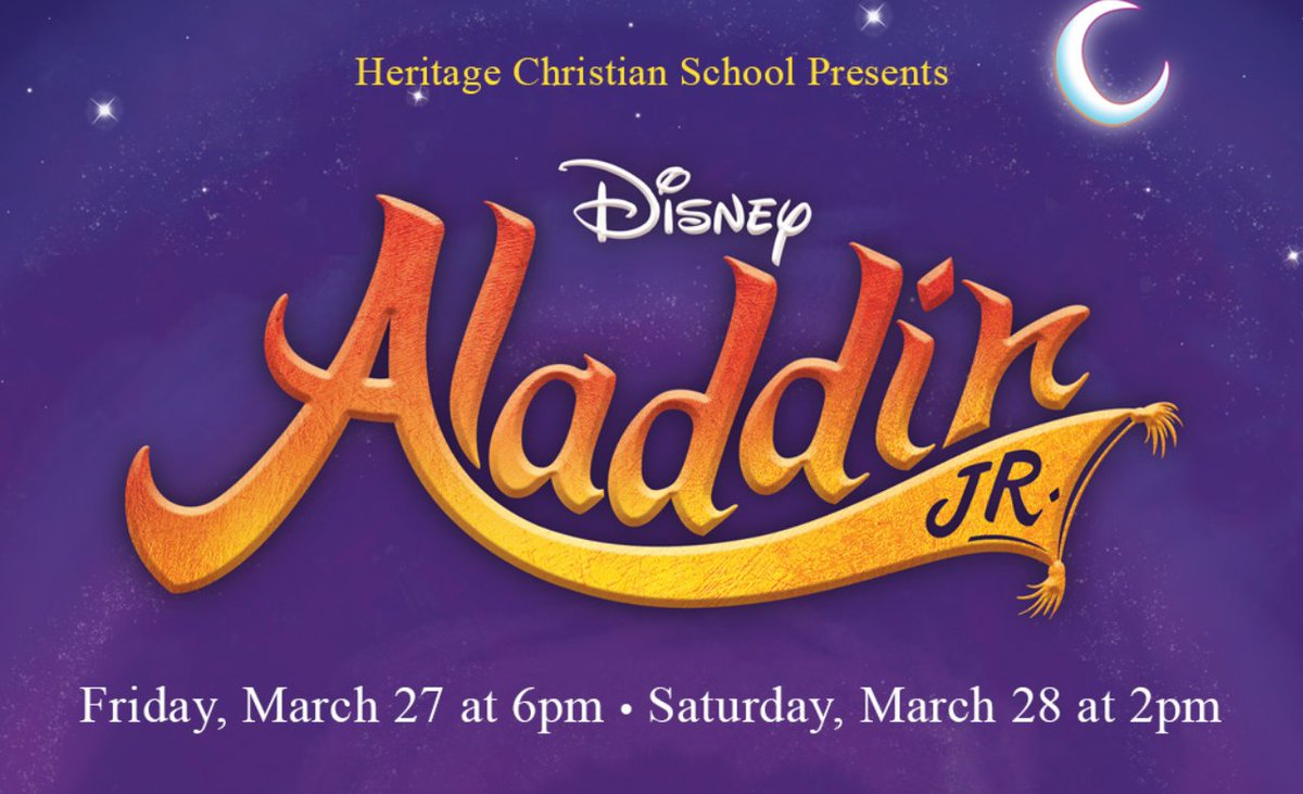 Heritage Christian School presents Disney Aladdin Jr.  
Friday, March 27 at 6 pm and Saturday, March 28 at 2pm. 
Admission is free. 
4310 Durston Rd
Bozeman, MT 59718