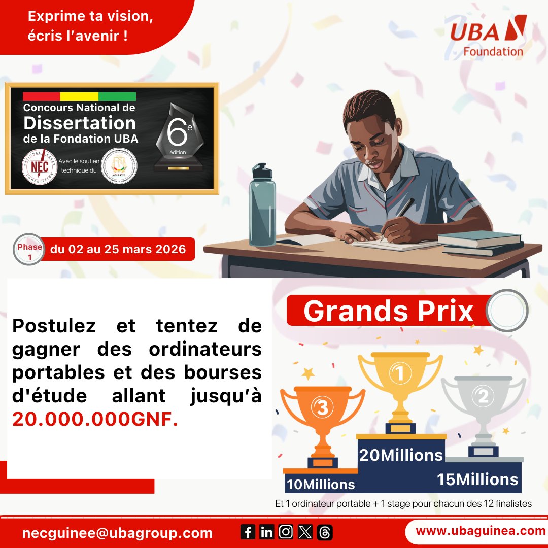 UBAGuinea's tweet photo. ⏳ Le temps passe.
As-tu déjà commencé ta dissertation ?
La date limite approche.
+d'infos sur l'affiche et sur notre site web : https://t.co/7wVOVaFB0F
#NEC2026 #NEC6GN #NEC #FondationUBA #Dissertation #Concours #UBAFoundation #AfricasGlobalBank #UBAGuinée https://t.co/3laoOeGYCv