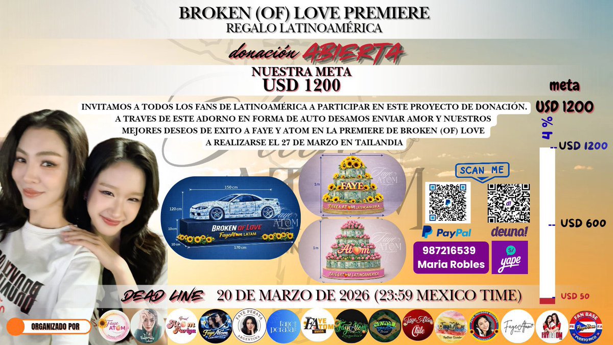 🚨🌻🍑 LATAM PROJECT FOR BROKEN (OF) LOVE EP.1 : 

‼️Solo nos quedan 2 días familia, esperamos contar con apoyo🙏🏻💛🌻🍑‼️

FayeAtom Latinoamérica, Fayemily Latinoamérica y Atom Pariya Brasil
junto a las Fan Bases asociadas de Argentina 🇦🇷 , Brasil 🇧🇷 , Chile 🇨🇱 , Ecuador 🇪🇨 ,