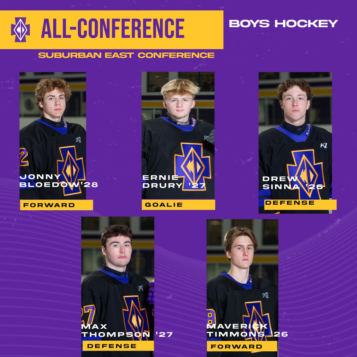 CDH_Raiders's tweet photo. Congratulations to our @cdhboyshockey athletes on being named to the Suburban East All-Conference Team! 🏒💪
Jonny Bloedow ’28, Ernie Drury ’27, Drew Sinna ’26, Max Thompson ’27, and Maverick Timmons ’26 https://t.co/Nu8RrD6yWO