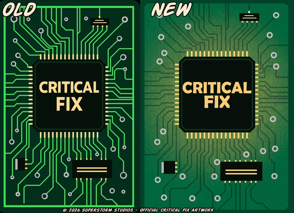 CriticalFix's tweet photo. We revamped the card backs! It was a darker, somewhat realistic circuit board. The new look is brighter and more artistic. It may not be as "tech-accurate," but it stands out more on the table. Which do you like better?

🔗 https://t.co/2ZAyyOst7x
#GameDesign #TabletopGaming https://t.co/n3WAeCEdHG