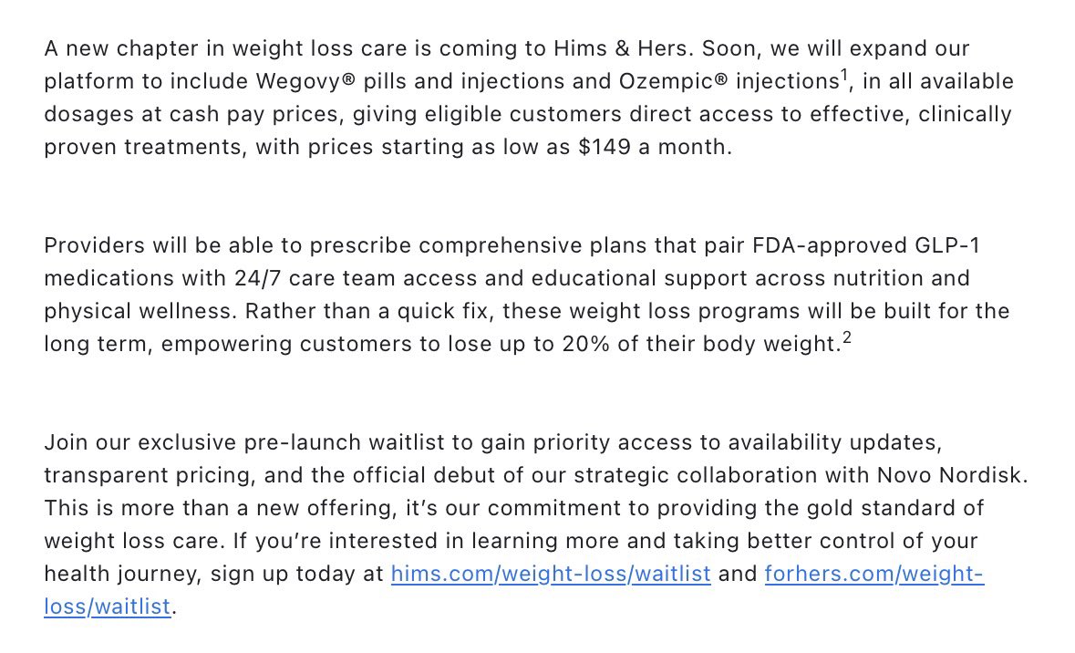 Hims &amp; Hers $HIMS expands platform to include branded Wegovy and Ozempic starting at $149/month. 

The move follows a deal with $NVO Novo Nordisk, shifting the firm from compounded "copycats" to FDA approved branded injections and oral pills.