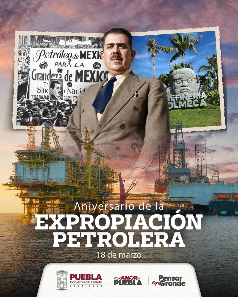 armentapuebla_'s tweet photo. Conmemoramos el 88° aniversario de la Expropiación Petrolera 🇲🇽, impulsada por el presidente Lázaro Cárdenas, un símbolo de orgullo y soberanía nacional que sigue vigente bajo el liderazgo de nuestra presidenta, la Dra. @Claudiashein. ⛽🛢️✨ https://t.co/SNxKqhnzqm