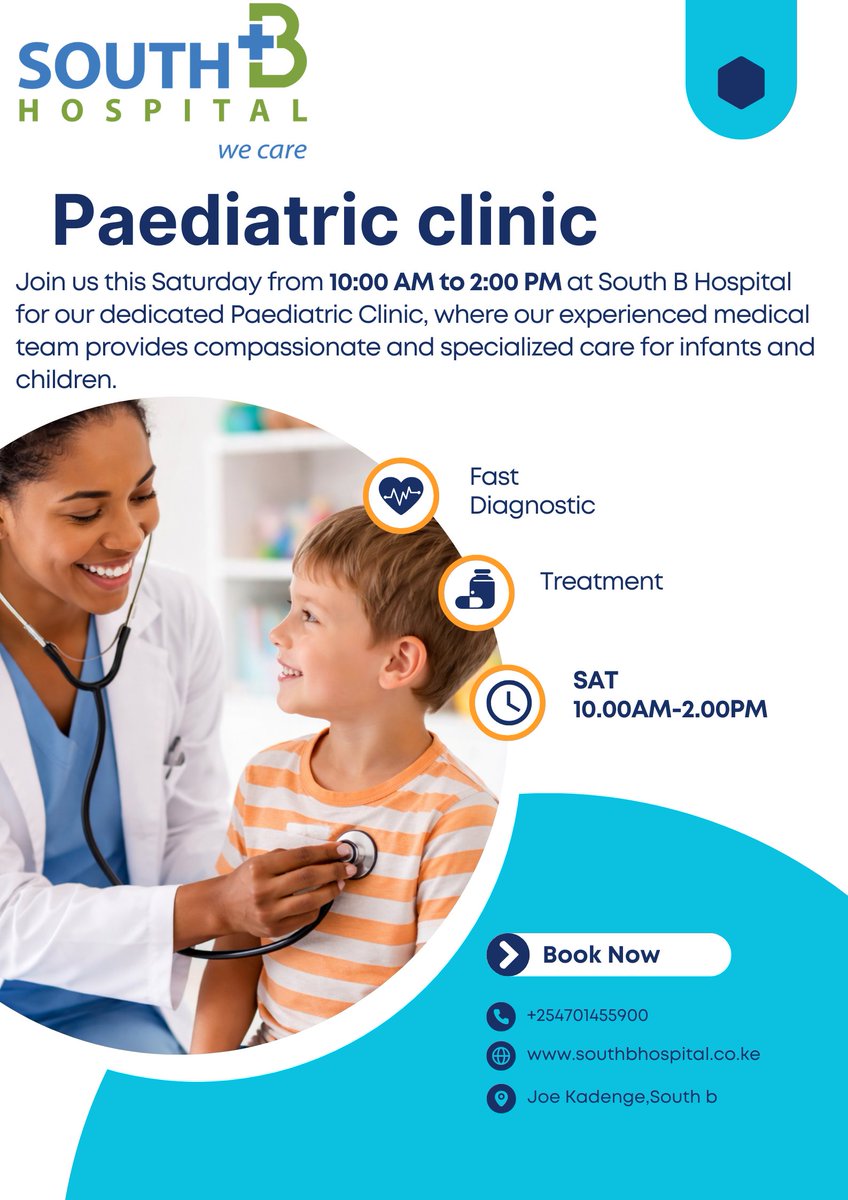 SouthBHospital_'s tweet photo. At South B Hospital, our Paediatric Clinic is dedicated to providing compassionate, high-quality healthcare for infants, children, and adolescents. https://t.co/ijwvbF9co8