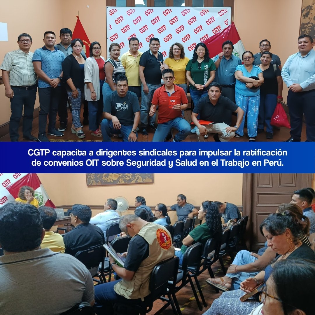 JovenCgtp's tweet photo. CGTP capacita a dirigentes sindicales para impulsar la ratificación de convenios OIT sobre seguridad y salud en el trabajo en Perú.
#OIT #SST #CGTP #AlertaSindical https://t.co/TdQH1nu7qu