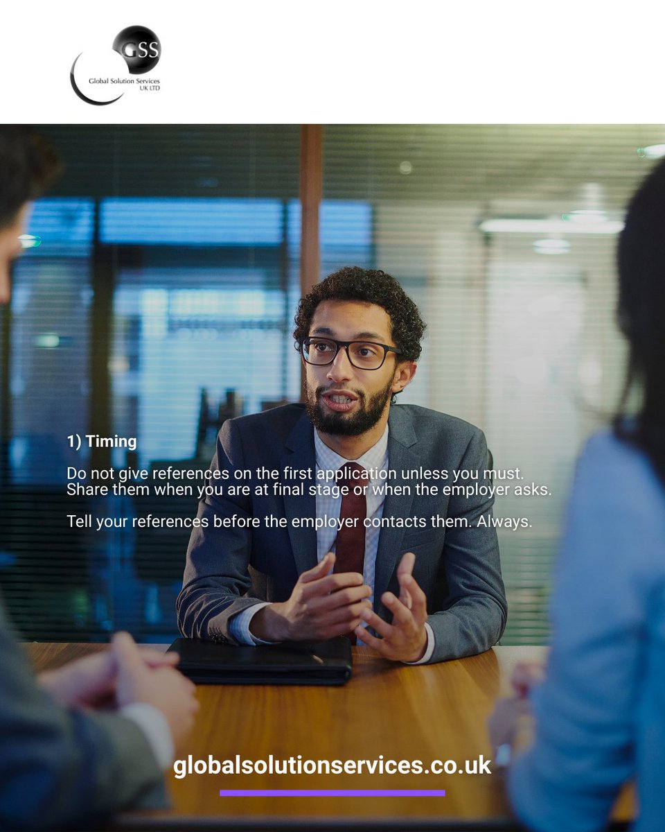 GSSLTDUK's tweet photo. Your references can cost you offers.

Fix 3 things:
1. Timing: only share at final stage and warn your referee first
2. Who: pick people who know your work, not just your personality
3. Brief them: send job title + 3 skills + 2 examples you want mentioned

#JobSearch #Interview https://t.co/Facw9UZTxO