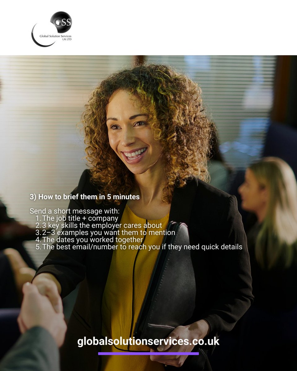 GSSLTDUK's tweet photo. Your references can cost you offers.

Fix 3 things:
1. Timing: only share at final stage and warn your referee first
2. Who: pick people who know your work, not just your personality
3. Brief them: send job title + 3 skills + 2 examples you want mentioned

#JobSearch #Interview https://t.co/Facw9UZTxO
