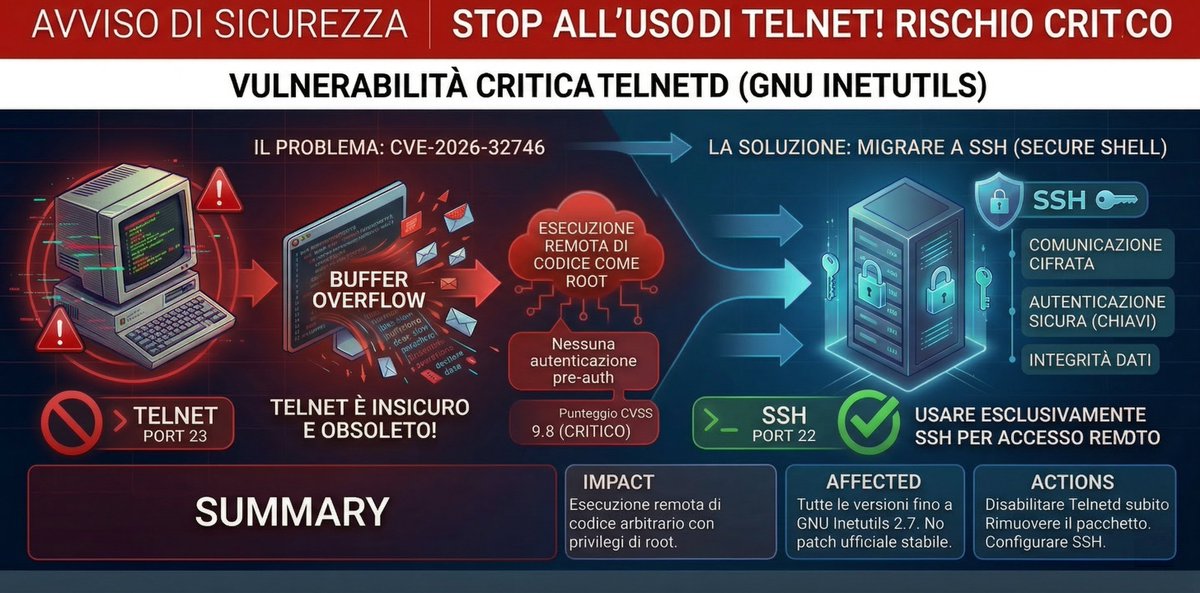csirt_it's tweet photo. ‼ #telnet: Proof of Concept (#PoC) per lo sfruttamento della vulnerabilità CVE-2026-32746 in #GNU #Inetutils #telnetd risulta disponibile in rete.
Rischio: 🔴
Tiplogia:
🔸 Remote Code Execution
🔗 https://t.co/mWfFIyDElg
⚠ Migrare a SSH le istanze telnet esposte⚠ https://t.co/FtQpSkPSEY