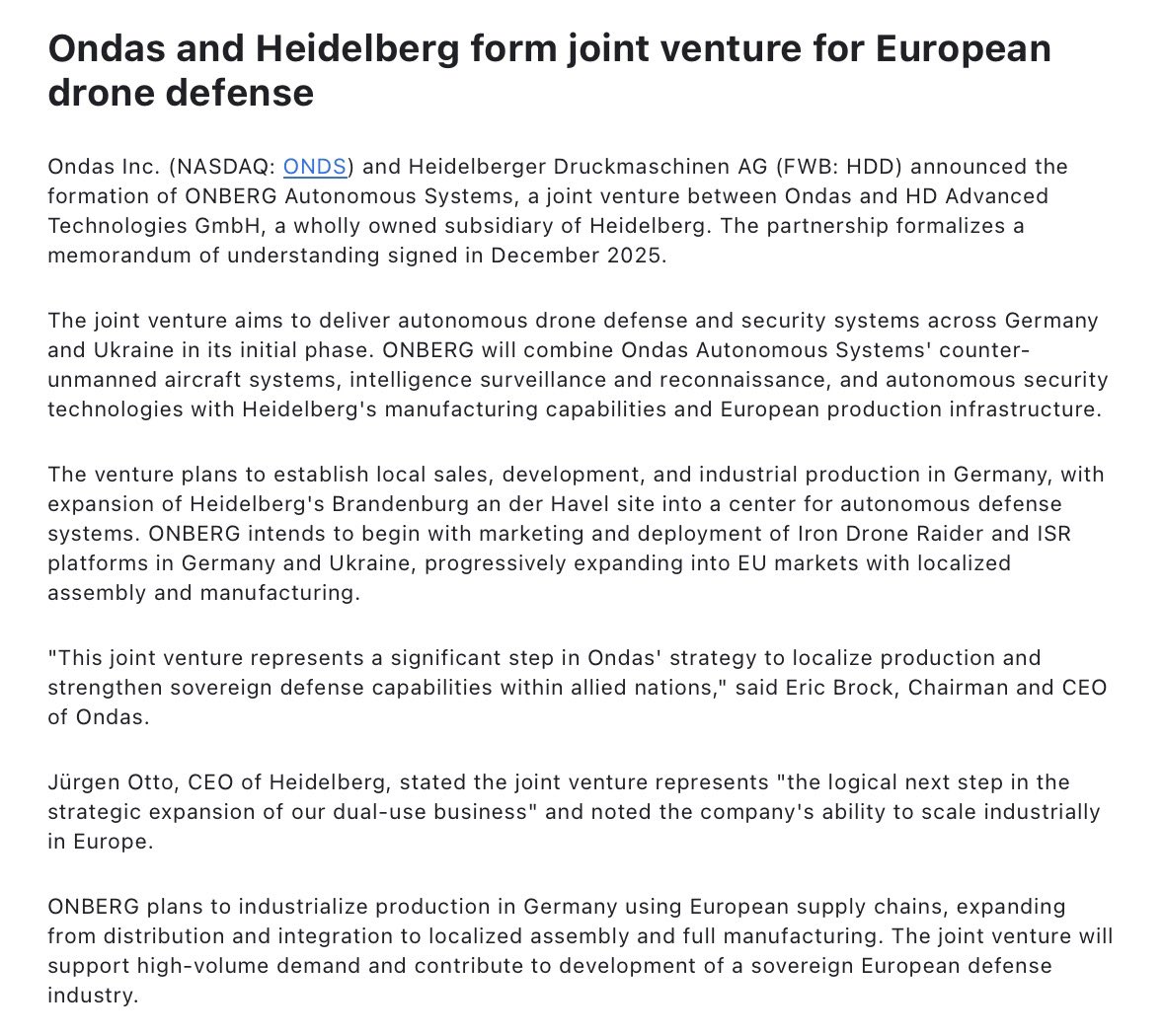 Ondas $ONDS and Heidelberg launch ONBERG Autonomous Systems JV to scale drone defense in Europe. 

The Brandenburg site will become a production hub for the Iron Drone Raider and ISR platforms, targeting deployment in Germany and Ukraine.