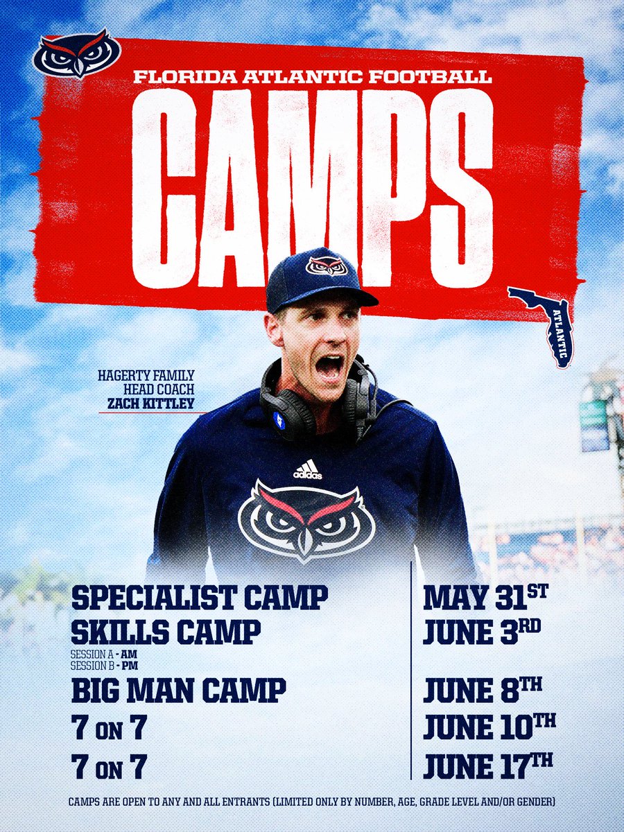 TaylorBrownFAU's tweet photo. Make sure you get signed up early for camps — great opportunity to compete &amp; learn from our staff in Paradise!

#ATFA 🌴 https://t.co/5896s9YkZO