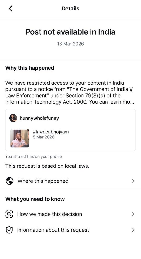 ‼️ A video by Brahmin content creator Pulkit Sharma has been restricted in India.

The post went massively viral, racking up over 20 million views before it was taken down. Interestingly, no names were mentioned in the video 

it simply showed a person laughing hysterically like