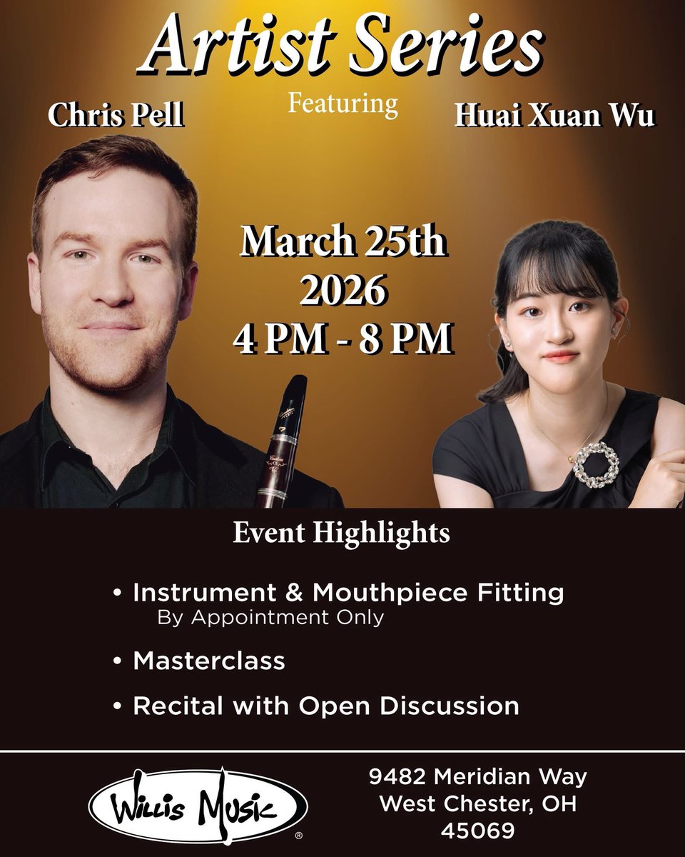Happening NEXT WEEK! 🎶
Kick off the 2026 Willis Music Artist Series with an unforgettable evening featuring CSO Chris Pell and pianist Huai-Xuan Wu!

Sign up here for the instrument fitting👉 willismusic.com/artist-series/
