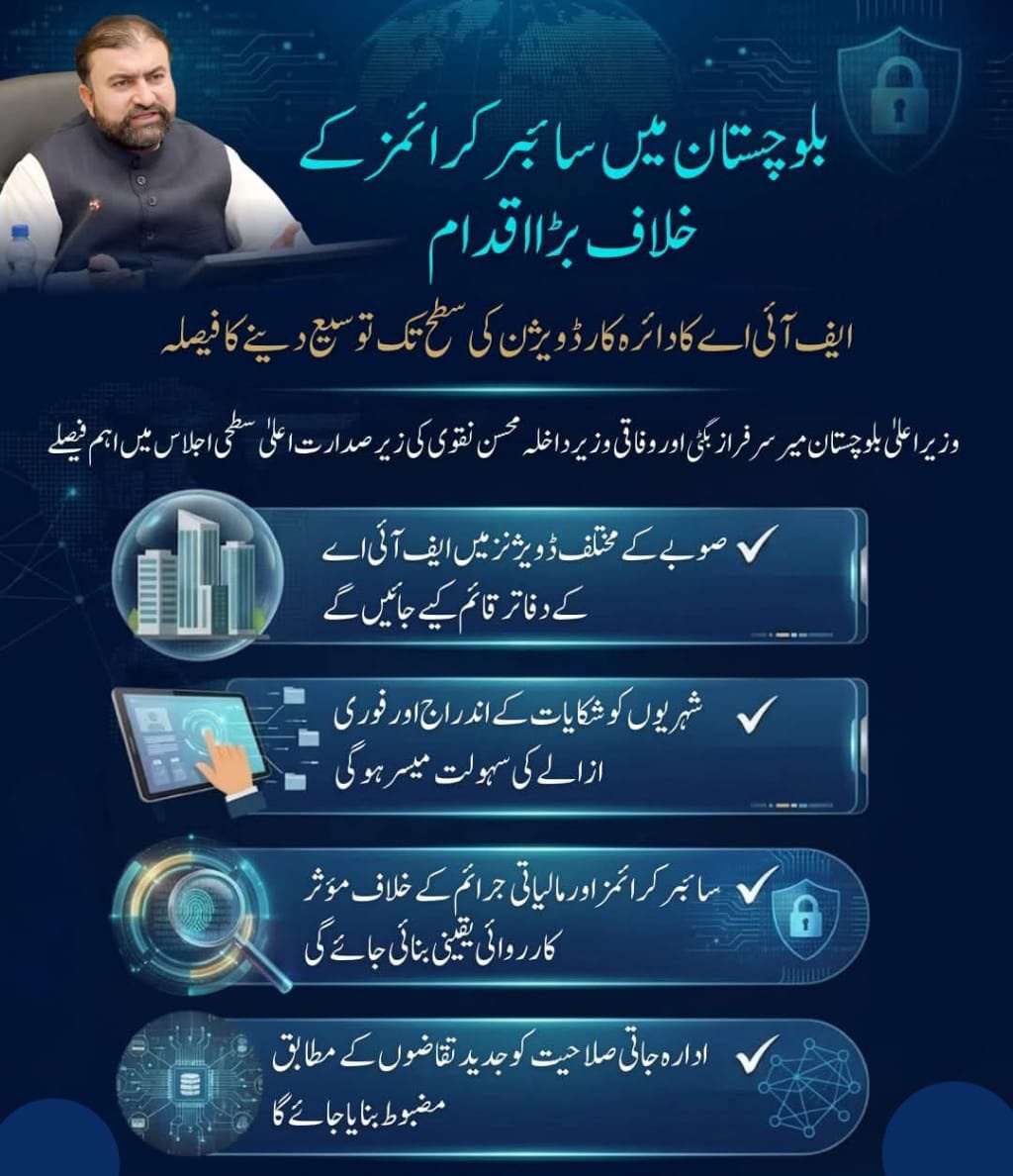 بلوچستان میں سائبر کرائم کے خاتمے کے لیے بڑا اقدام 🚨
وزیراعلیٰ بلوچستان میر <a href="/PakSarfrazbugti/">Sarfraz Bugti</a> اور وزیر داخلہ محسن نقوی کی قیادت میں ایف آئی اے کے دفاتر ہر ڈویژن میں قائم کیے جائیں گے
شہریوں کی شکایات فوری درج اور سائبر کرائمز و مالیاتی فراڈ پر سخت کارروائی ممکن ہوگی.