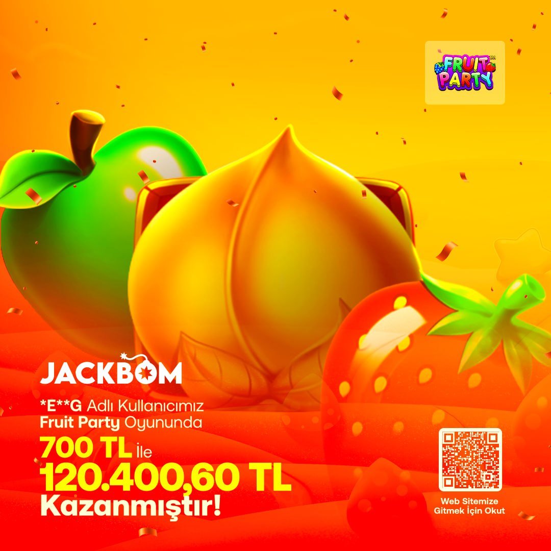 jackbom_tr's tweet photo. 📣 BÜYÜK KAZANÇ!

🔔 Jackbom ailesinden *E**G kullanıcımız, Fruit Party oyununda sadece 700 TL ile 120.400,60 TL kazandı!

🎁 Herkes şansa inanır, ama bir de denemek lazım, değil mi? ⭐️ 

💣Jackbom Güncel Adres: https://t.co/3H0O6BSSxH https://t.co/1kta1750rJ
