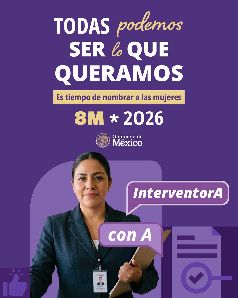 FinabienMex's tweet photo. Todas podemos ser lo que queramos. 💜

🟣 InterventorA #ConA: es quien supervisa, analiza y garantiza la correcta aplicación de recursos y procesos; quien con ética, responsabilidad y conocimiento cuida lo que es de todas y todos, demostrando que la vigilancia y la rendición de cuentas también se escriben en femenino. 📊🖊️

En México, es tiempo de nombrar a las mujeres. ✨👩

@mujeresgobmx @SEGOB_mx 

#SerLoQueQueramos #8M2026