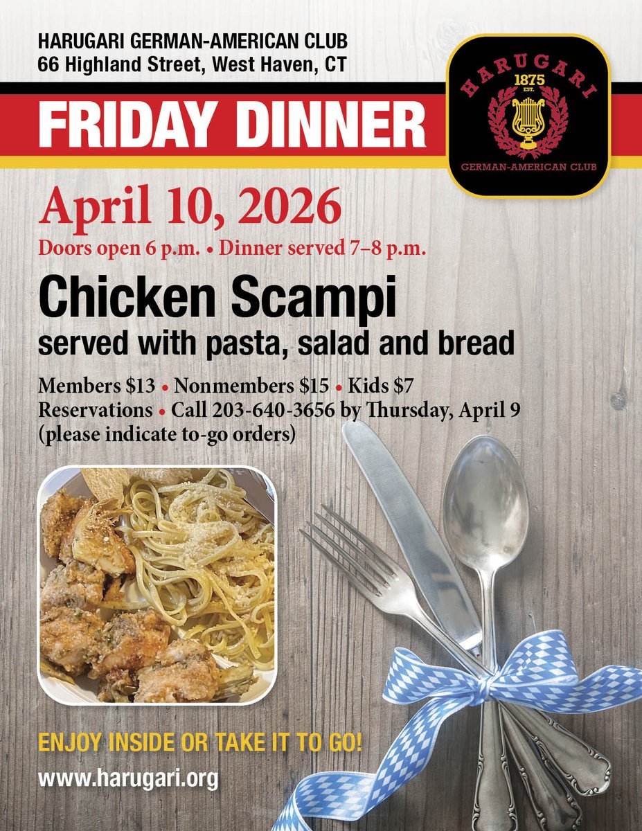 HarugariCT's tweet photo. Enjoying a Friday dinner at the club last week. 🍽️ Next up, Chicken Scampi on April 10. 🍝 Reserve now! https://t.co/mQ0z5i41kh