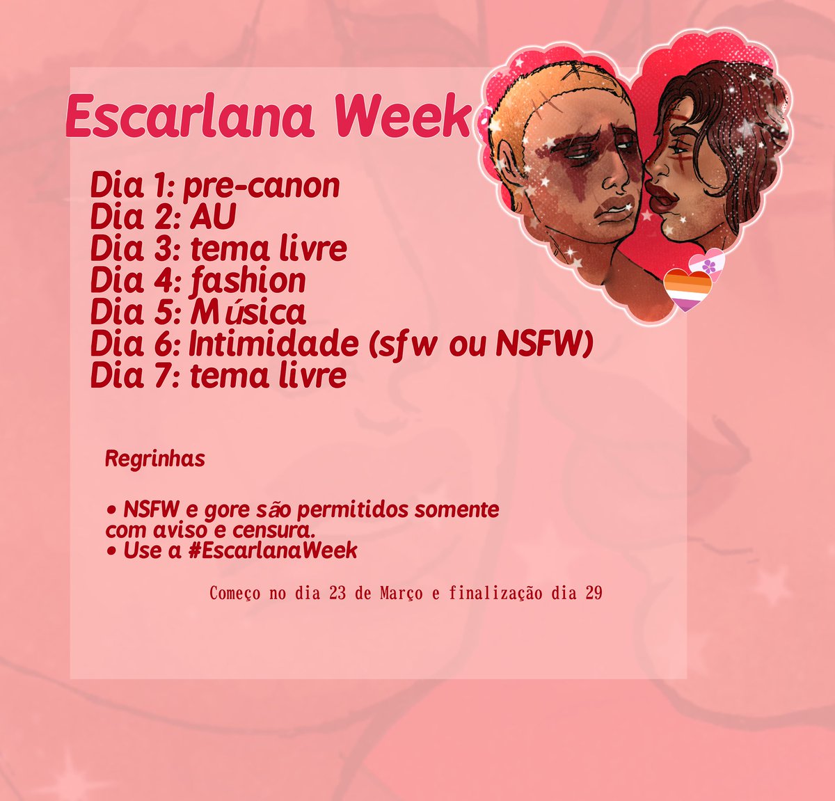 acervoEscarlana's tweet photo. FALTA 4 DIAS!!
Dia 23 de março até dia 29 vai ter um semana de evento de ESCARLANA, rapaziada!!!
pra participar é só postar desenho ou fanfic ou oq seu coração desejar na #EscarlanaWeek
#escarlana #scarna https://t.co/xp4HGsRwOw