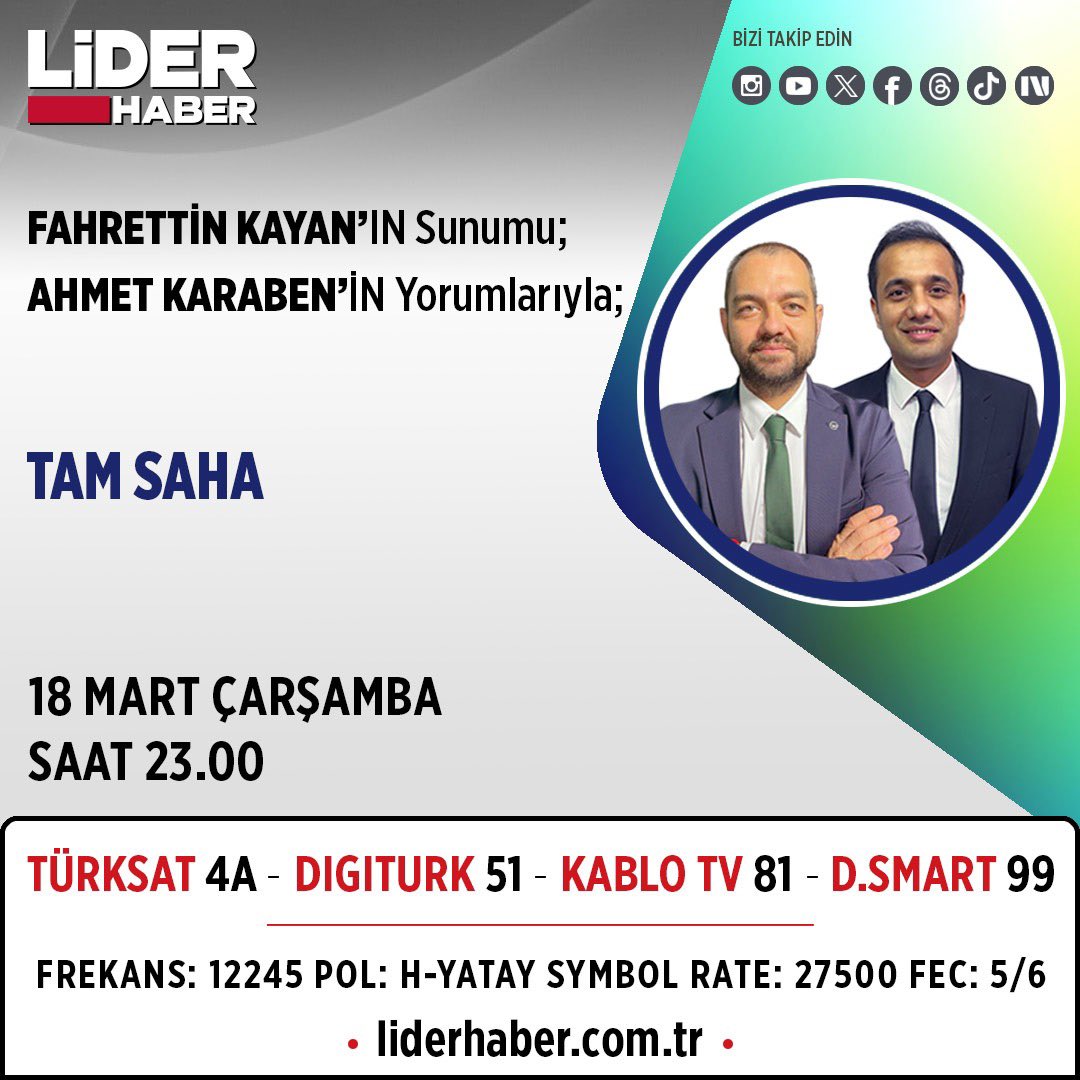 liderhabertv's tweet photo. Fahrettin Kayan ve Ahmet Karaben'in sunumuyla Tam Saha, Lider Haber ekranlarında
@KayanFahrettin @KarabenAhmet7
🗓 18 MART
⏱️ 23.00
📡 Lider Haber
#liderhaber #futbol #tamsaha #maç #keşfet https://t.co/AQZWHINgn4
